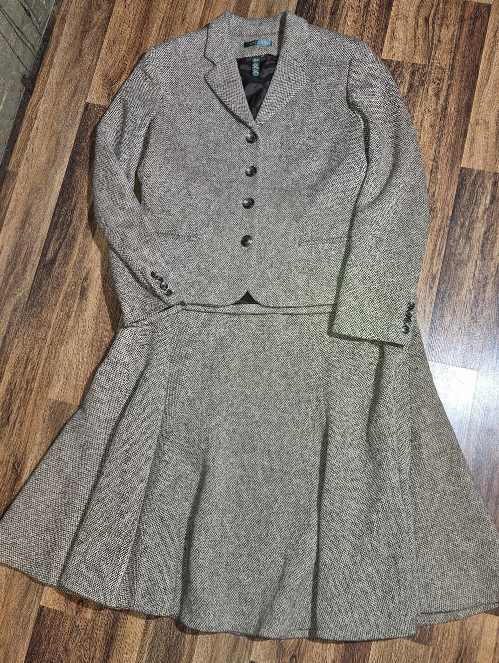 Ralph Lauren Brown And Cream Tweed Midi Dress Suit